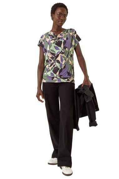 Roman Grey Geometric Leaf Print Cowl Neck Top