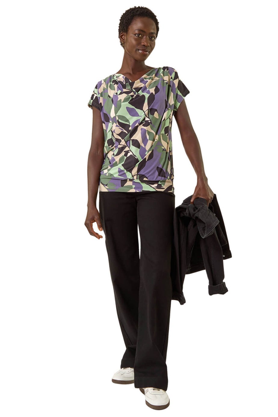 Roman Grey Geometric Leaf Print Cowl Neck Top