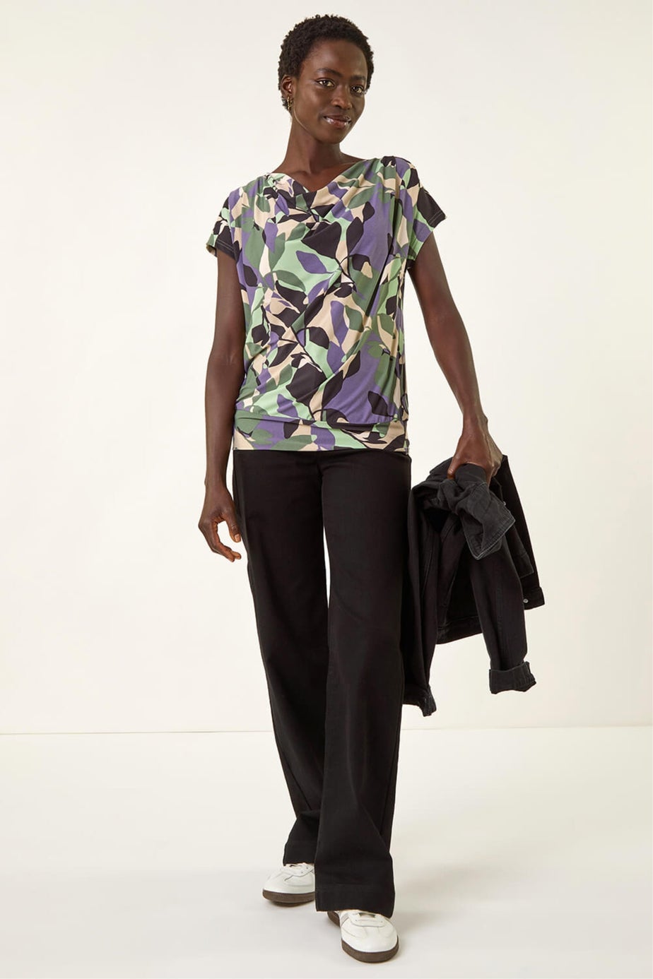 Roman Grey Geometric Leaf Print Cowl Neck Top