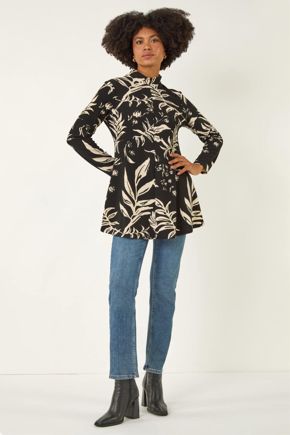 Roman Black Floral High Neck Swing Top