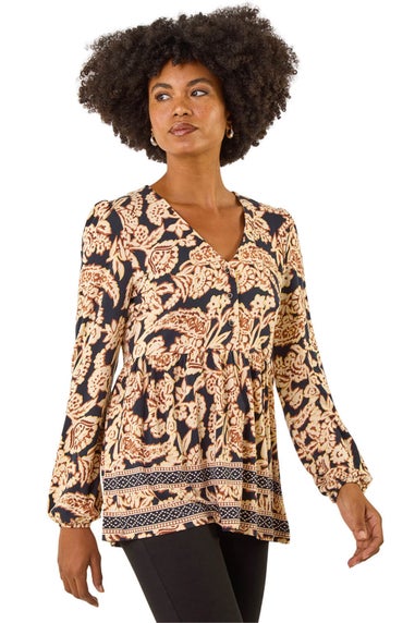Roman Black Paisley Print Tunic Top