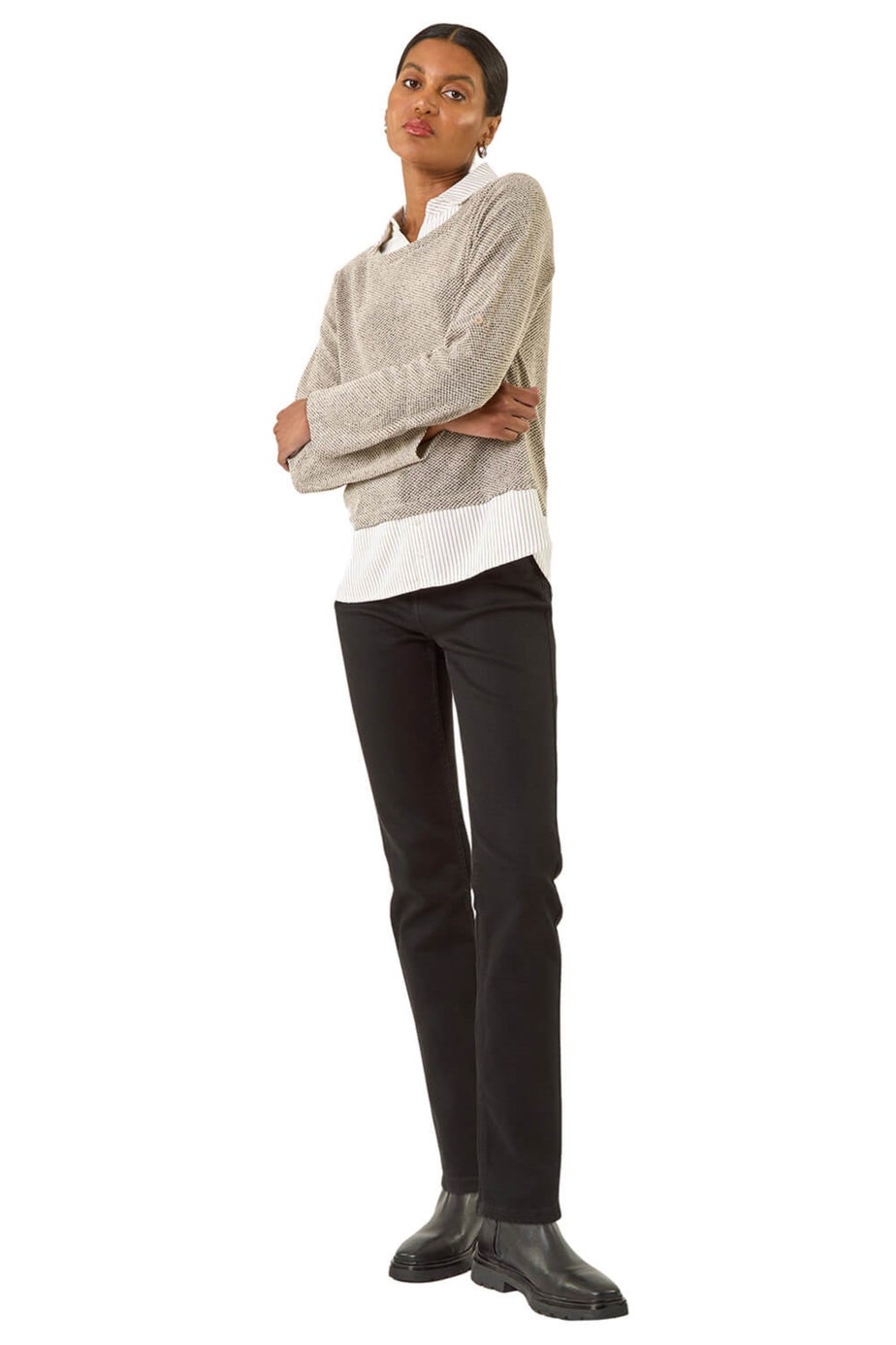 Roman Beige Textured Snit Mock Shirt