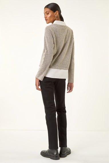 Roman Beige Textured Snit Mock Shirt