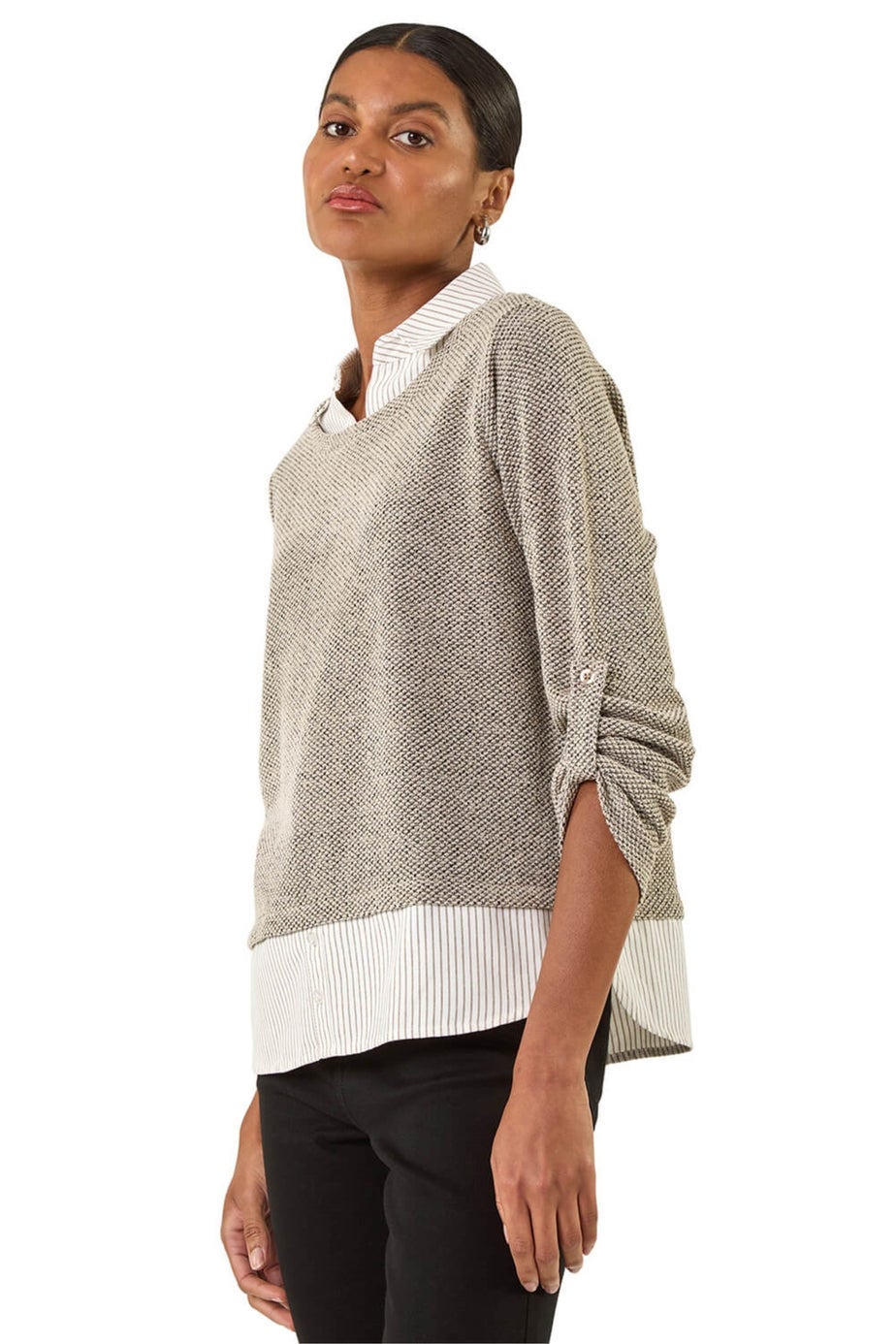 Roman Beige Textured Snit Mock Shirt