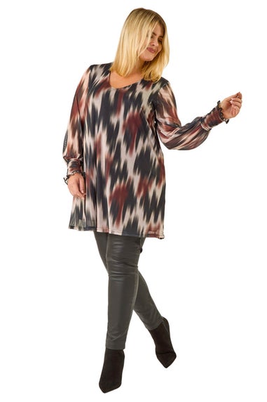 Roman Brown Curve Abstract Print Mesh Top