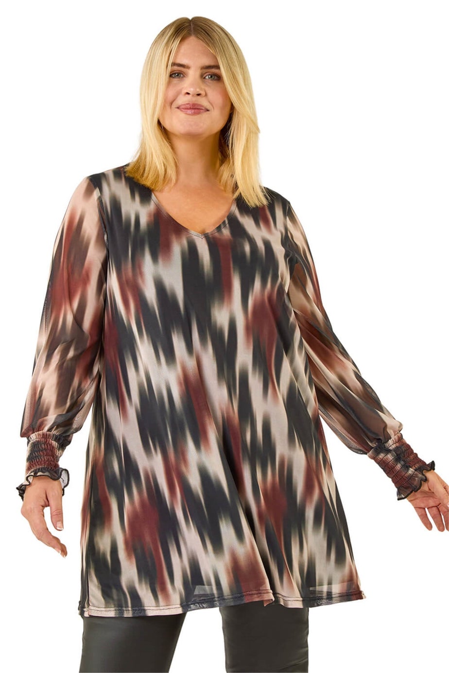 Roman Brown Curve Abstract Print Mesh Top