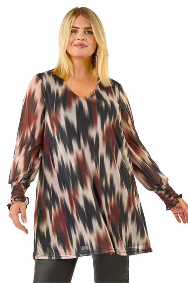 Roman Brown Curve Abstract Print Mesh Top