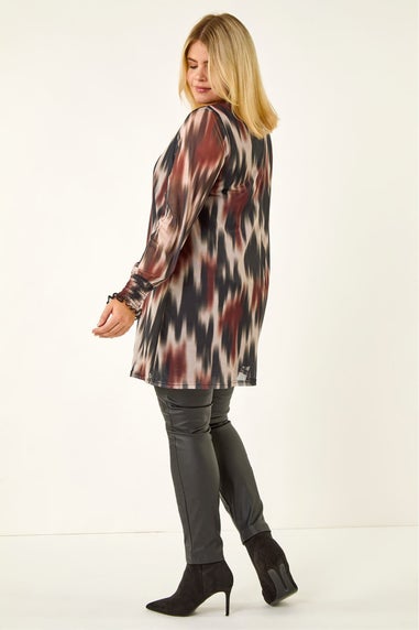 Roman Brown Curve Abstract Print Mesh Top