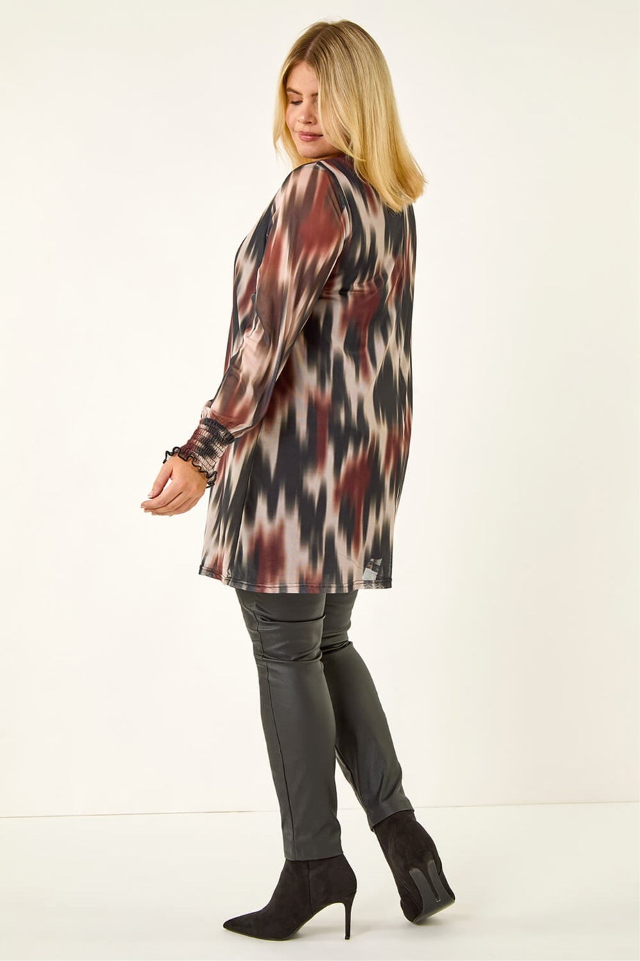 Roman Brown Curve Abstract Print Mesh Top