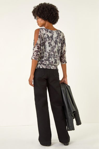 Roman Grey Metallic Plisse Banded Hem Top