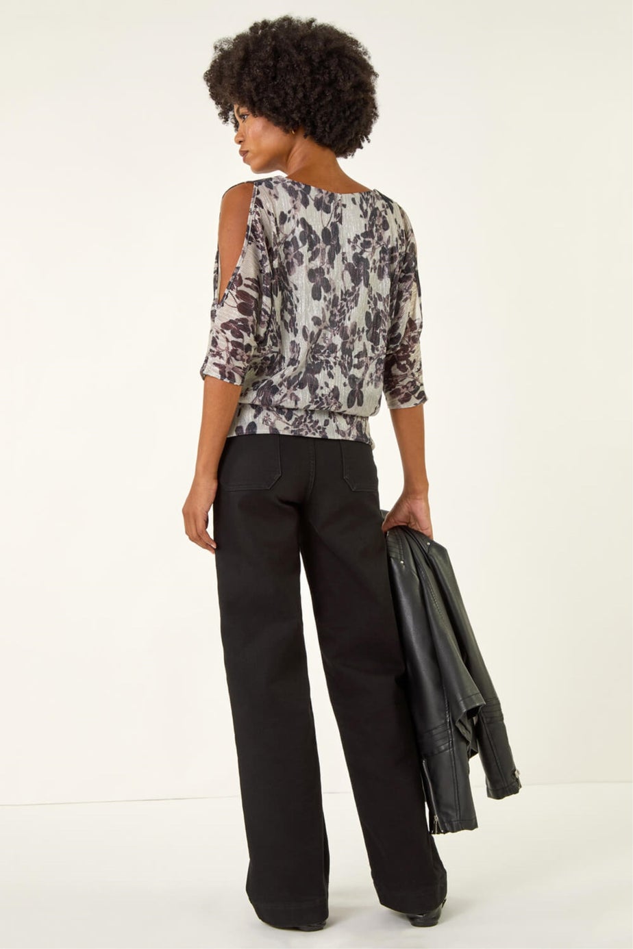 Roman Grey Metallic Plisse Banded Hem Top