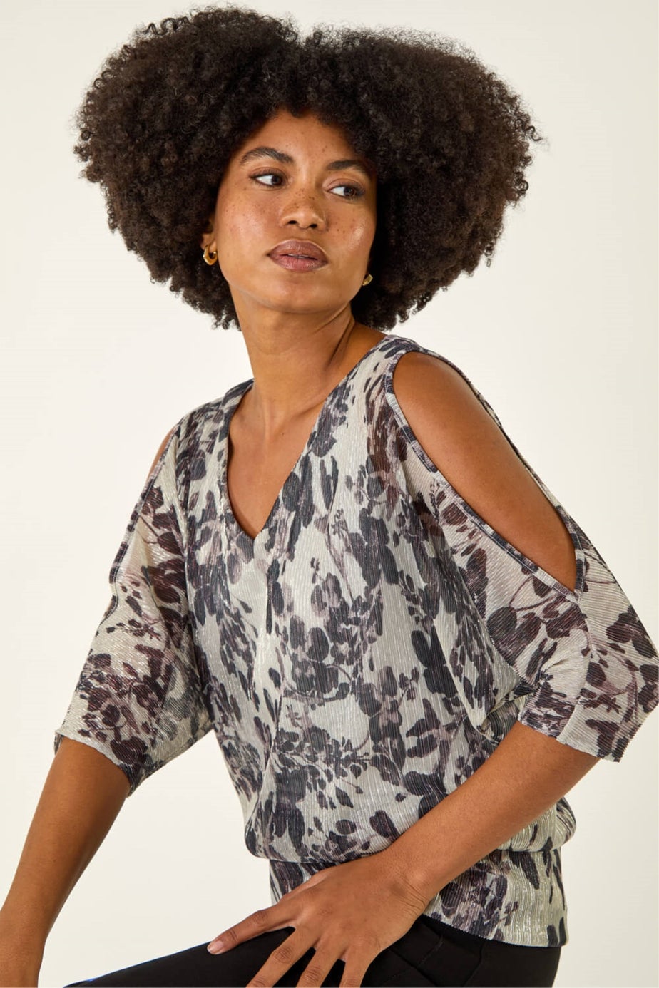 Roman Grey Metallic Plisse Banded Hem Top