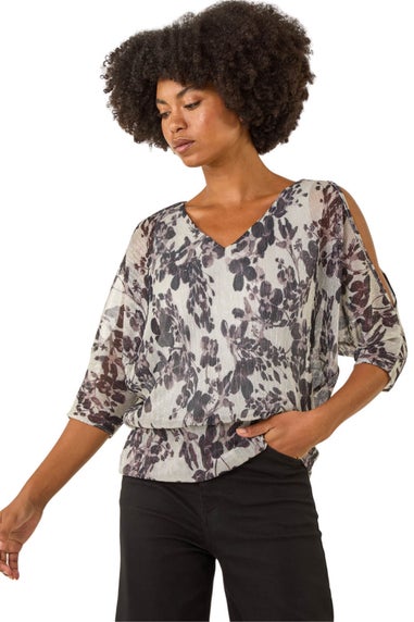 Roman Grey Metallic Plisse Banded Hem Top