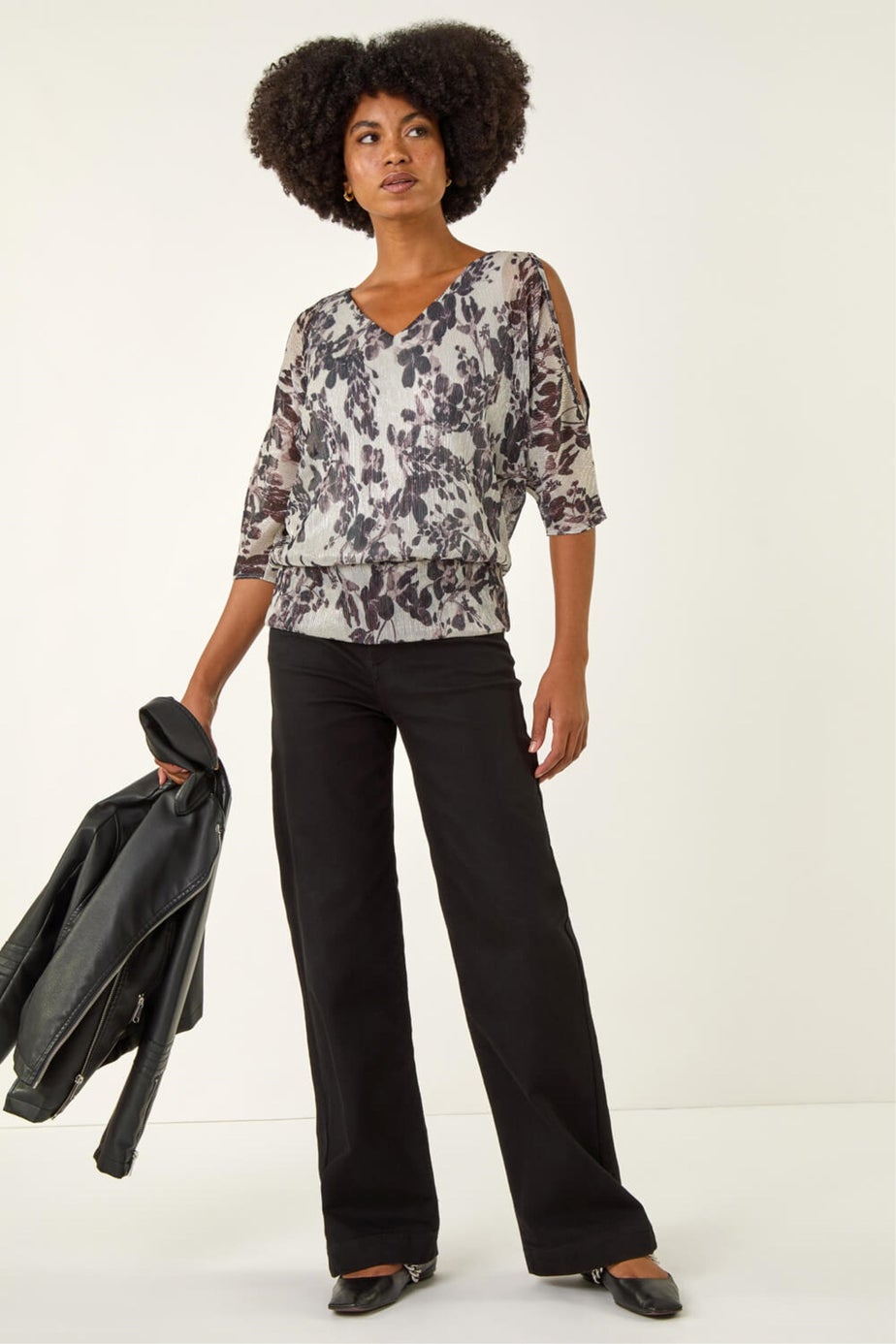 Roman Grey Metallic Plisse Banded Hem Top