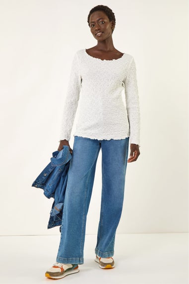 Roman Ivory Textured Bubble Crepe Lettuce Edge Top