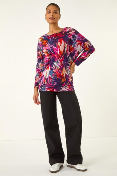 Roman Navy Floral Print Bubble Hem Stretch Top