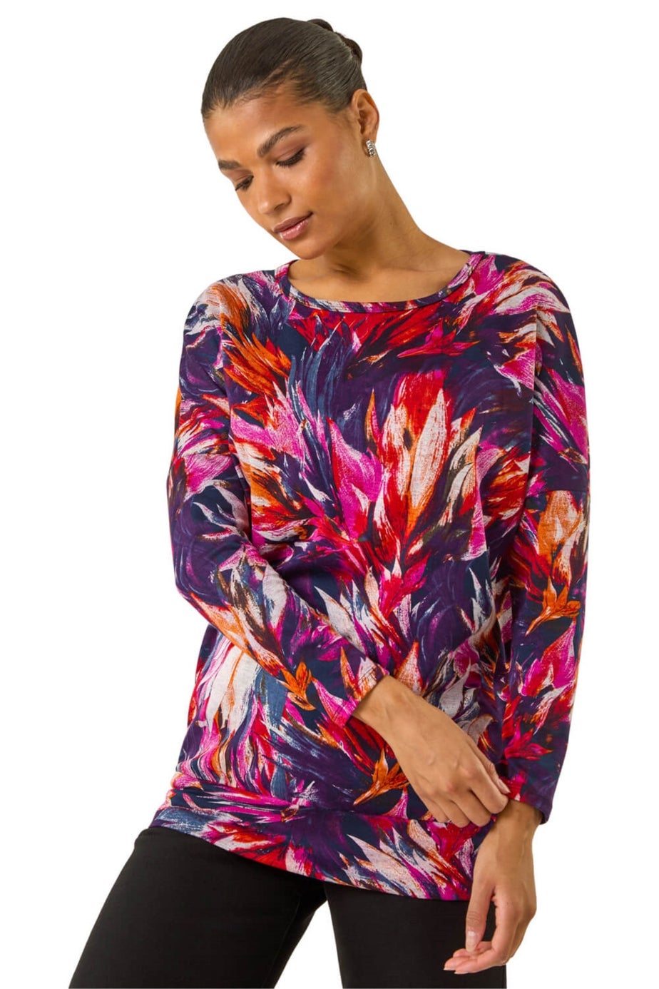 Roman Navy Floral Print Bubble Hem Stretch Top