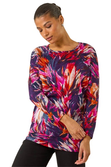 Roman Navy Floral Print Bubble Hem Stretch Top