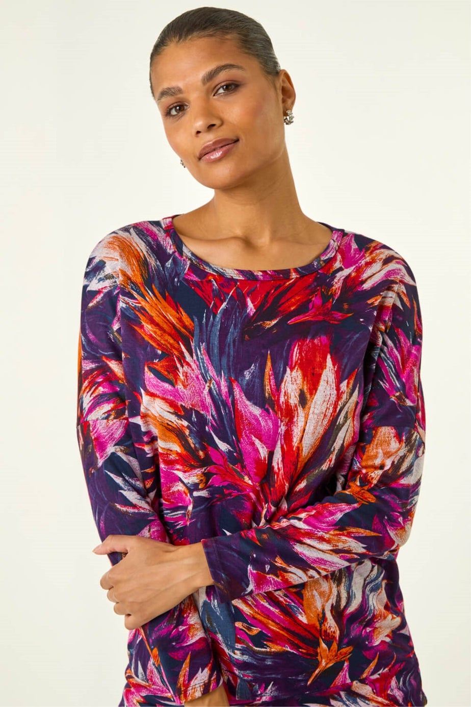 Roman Navy Floral Print Bubble Hem Stretch Top