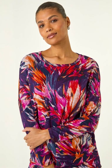 Roman Navy Floral Print Bubble Hem Stretch Top