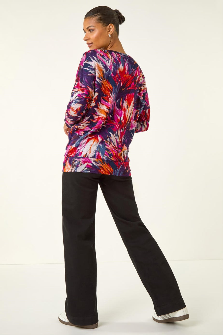 Roman Navy Floral Print Bubble Hem Stretch Top