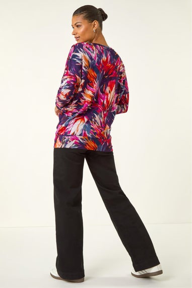 Roman Navy Floral Print Bubble Hem Stretch Top