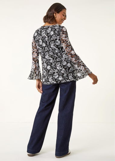 Roman Black Floral Print V-Neck Top