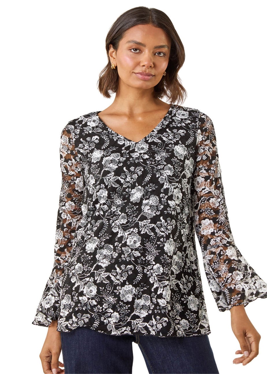 Roman Black Floral Print V-Neck Top
