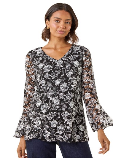 Roman Black Floral Print V-Neck Top