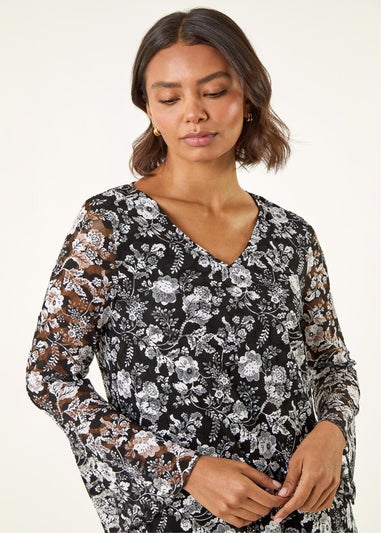 Roman Black Floral Print V-Neck Top