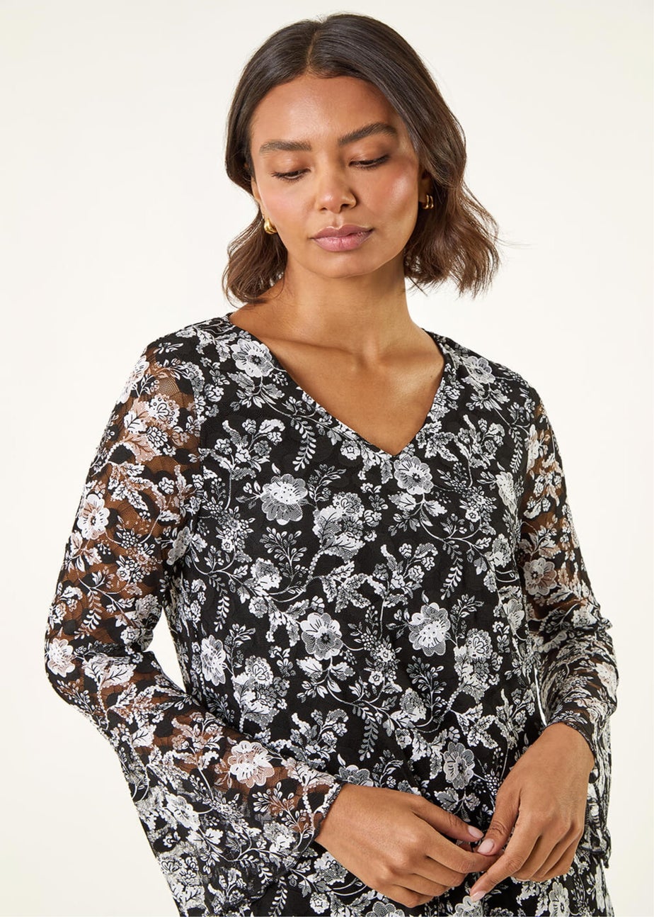 Roman Black Floral Print V-Neck Top