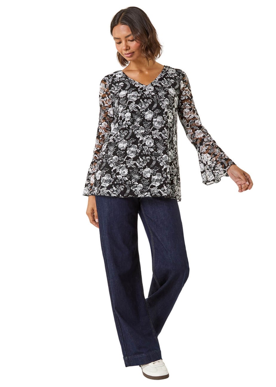 Roman Black Floral Print V-Neck Top
