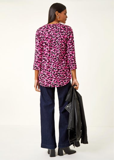 Roman Pink Abstract Print Pintuck Tunic Top