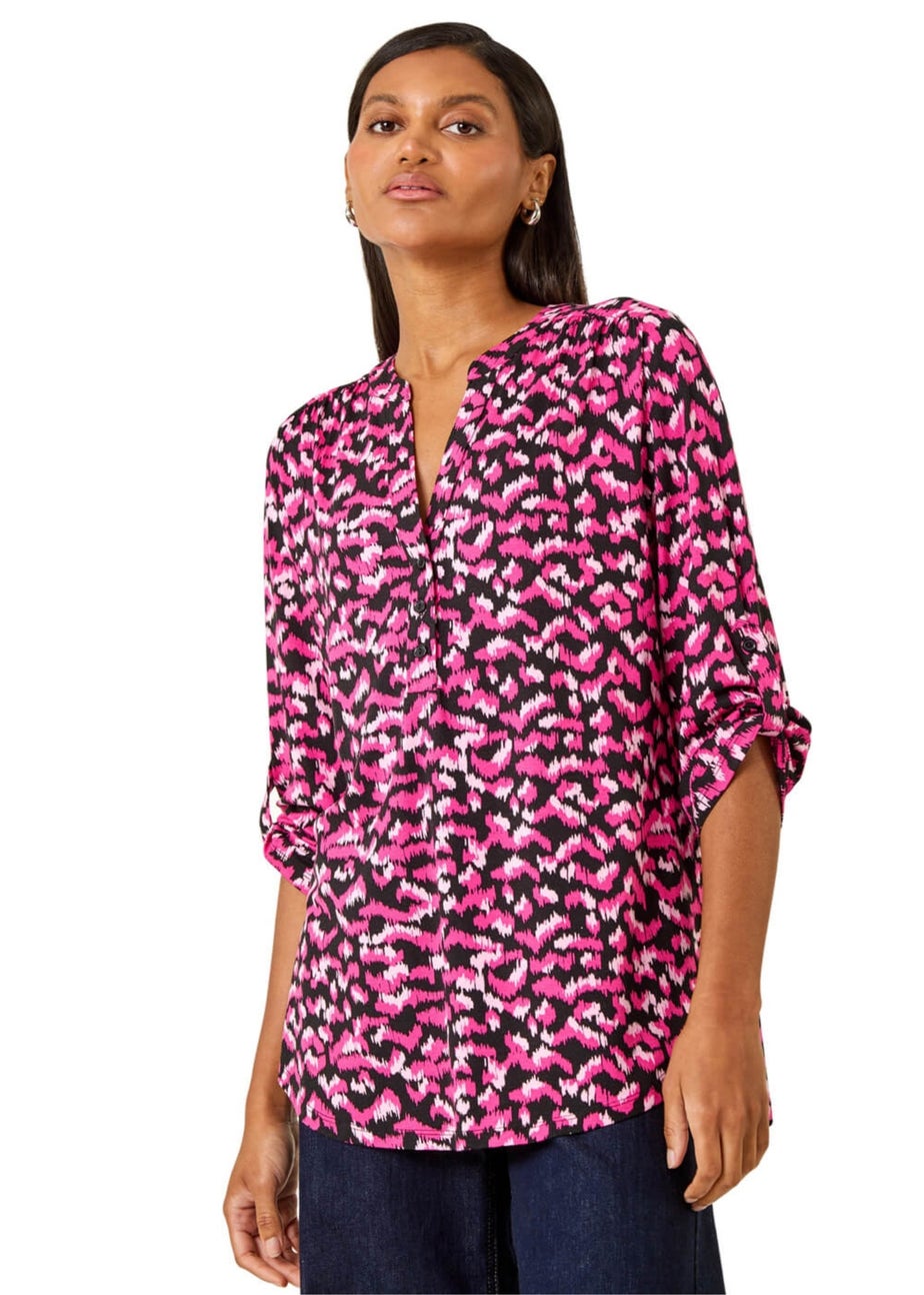 Roman Pink Abstract Print Pintuck Tunic Top