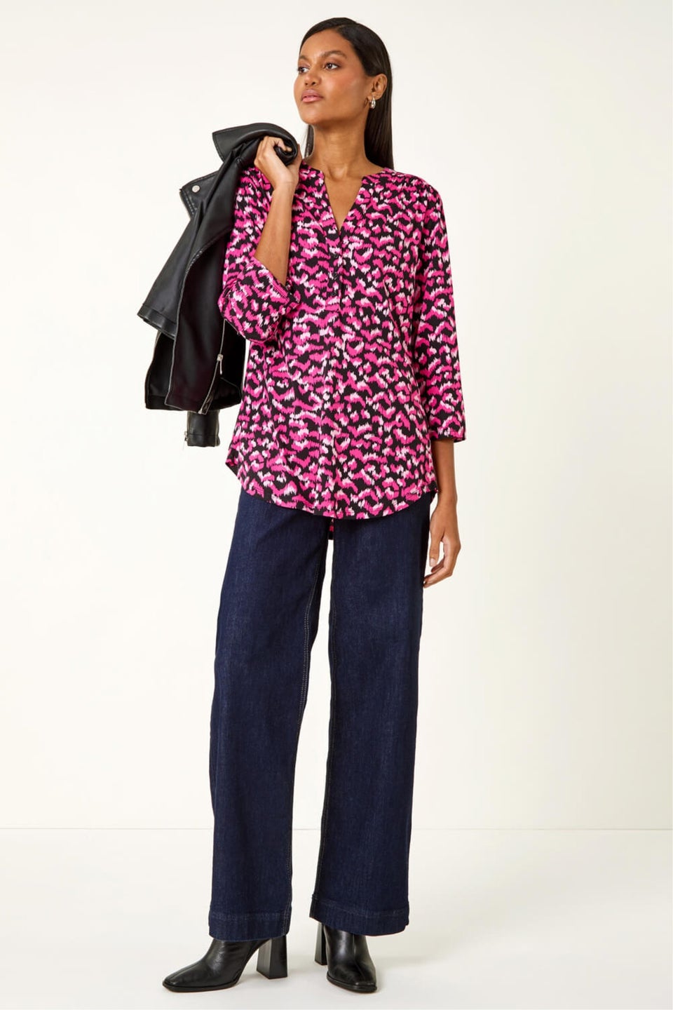 Roman Pink Abstract Print Pintuck Tunic Top