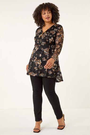 Roman Black Curve Zip Front Lace Top