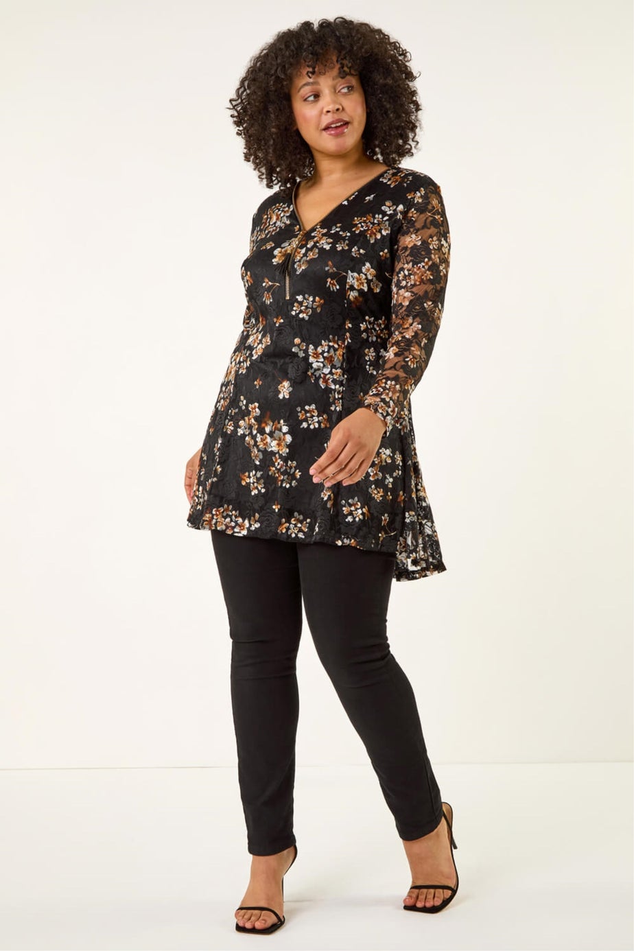 Roman Black Curve Zip Front Lace Top
