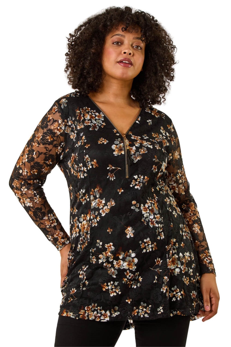 Roman Black Curve Zip Front Lace Top