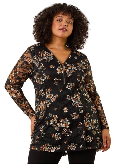 Roman Black Curve Zip Front Lace Top