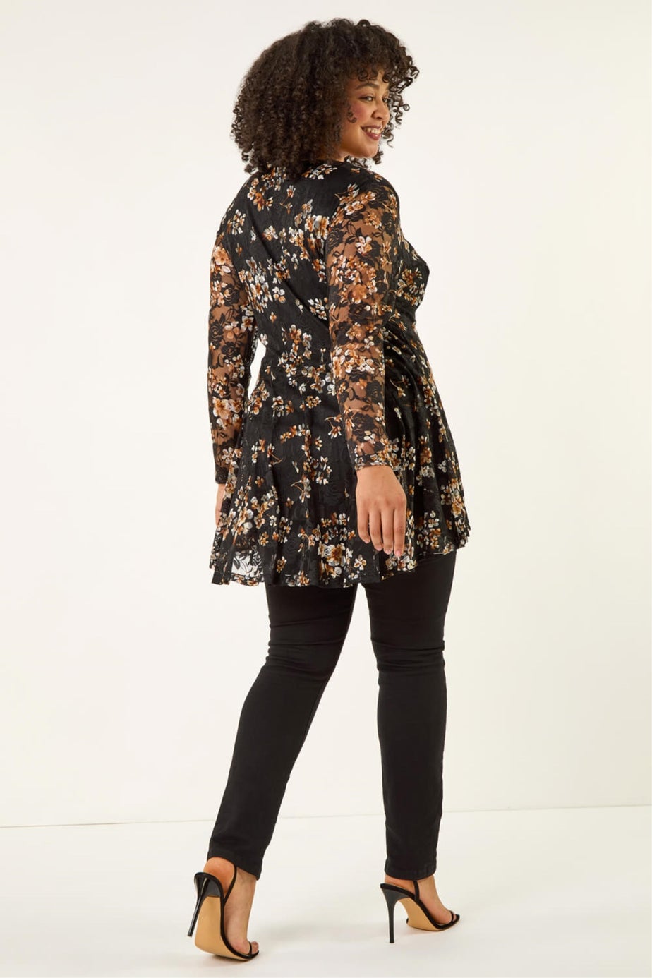 Roman Black Curve Zip Front Lace Top