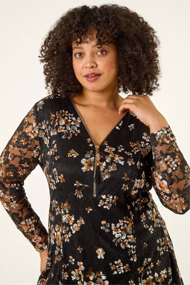 Roman Black Curve Zip Front Lace Top