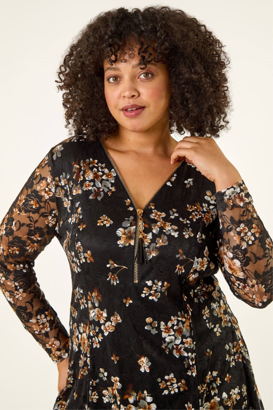 Roman Black Curve Zip Front Lace Top