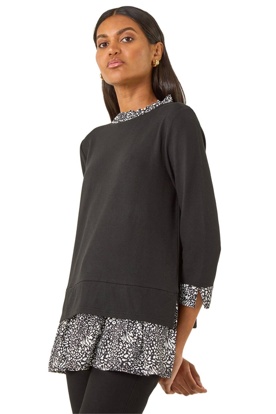 Roman Black Abstract Print Trim Tunic