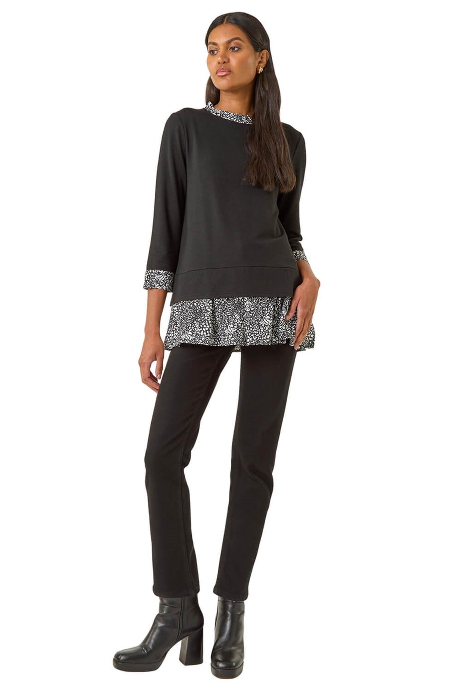 Roman Black Abstract Print Trim Tunic