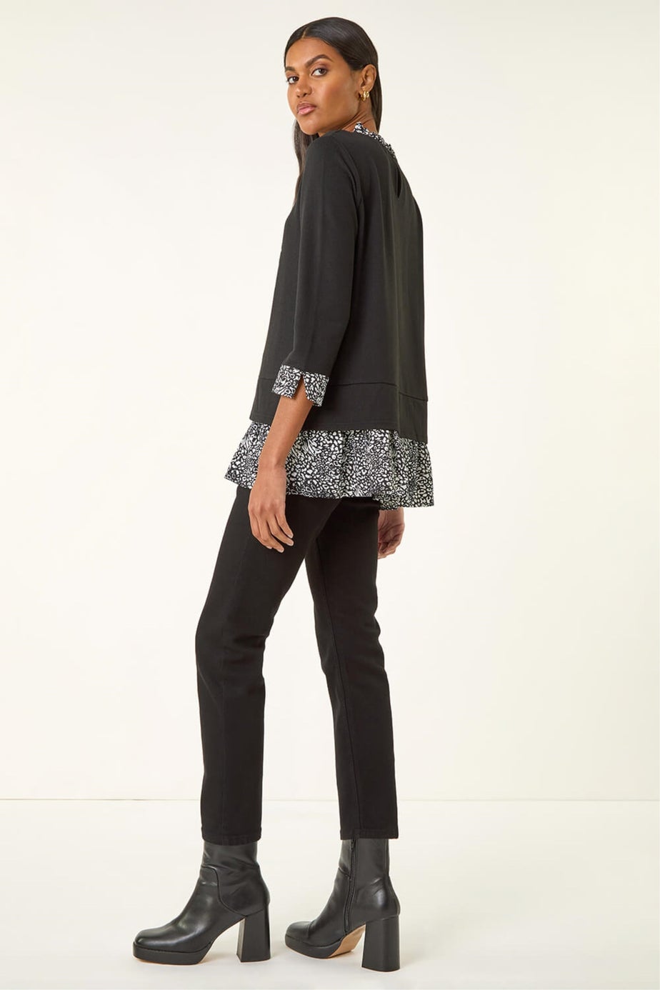 Roman Black Abstract Print Trim Tunic