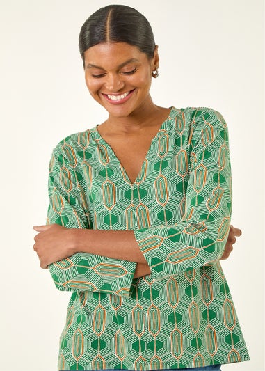 Roman Green Geometric Print Stretch Top