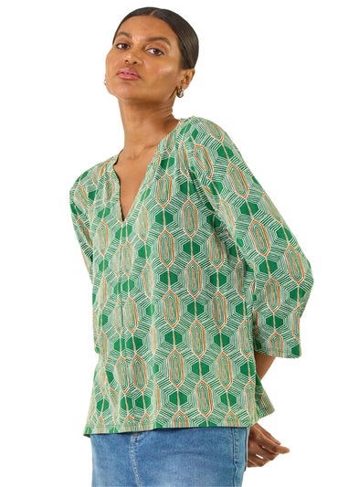 Roman Green Geometric Print Stretch Top