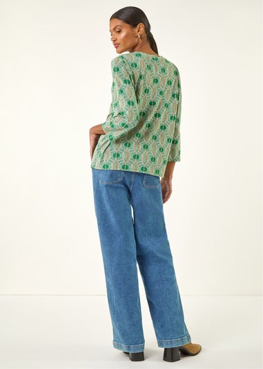 Roman Green Geometric Print Stretch Top