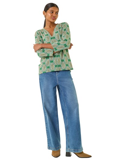 Roman Green Geometric Print Stretch Top