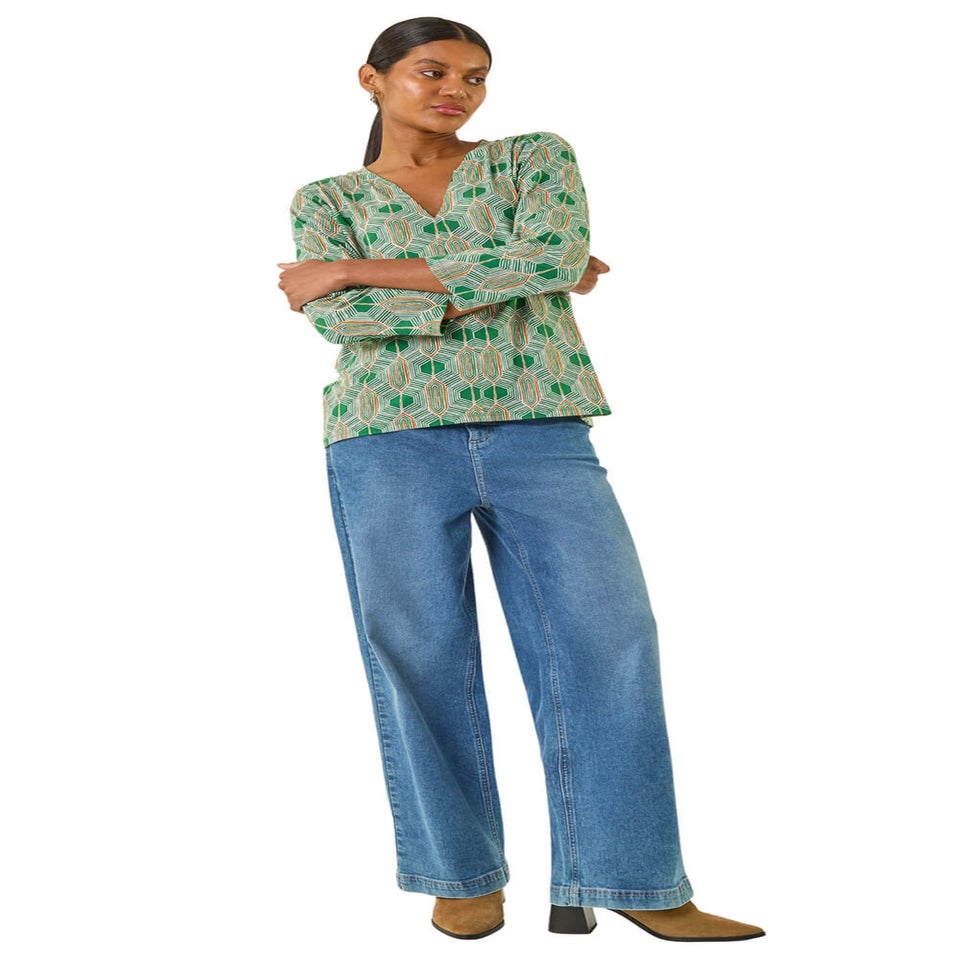 Roman Green Geometric Print Stretch Top